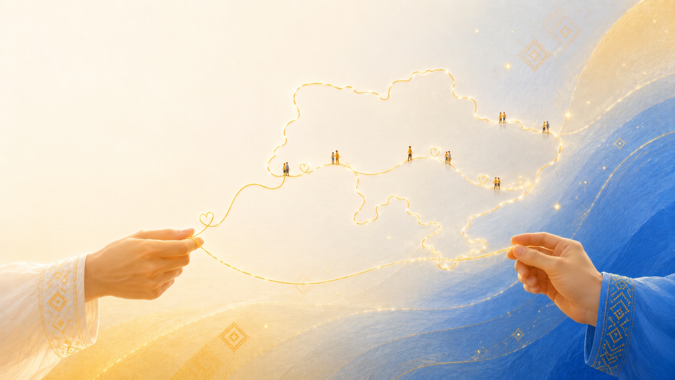 Дві руки тримають золоту нитку у формі мапи України